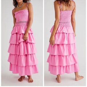 Free People endless summer pink Sunset Dancing Tiered ruffle Dress Sz M